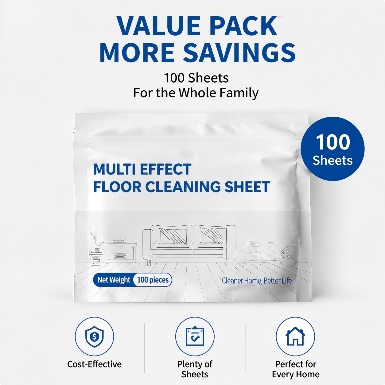 Multi-Effect Floor Cleaning Sheets – 100pcs, Safe for All Surfaces, Fresh Scent & Family-Friendly